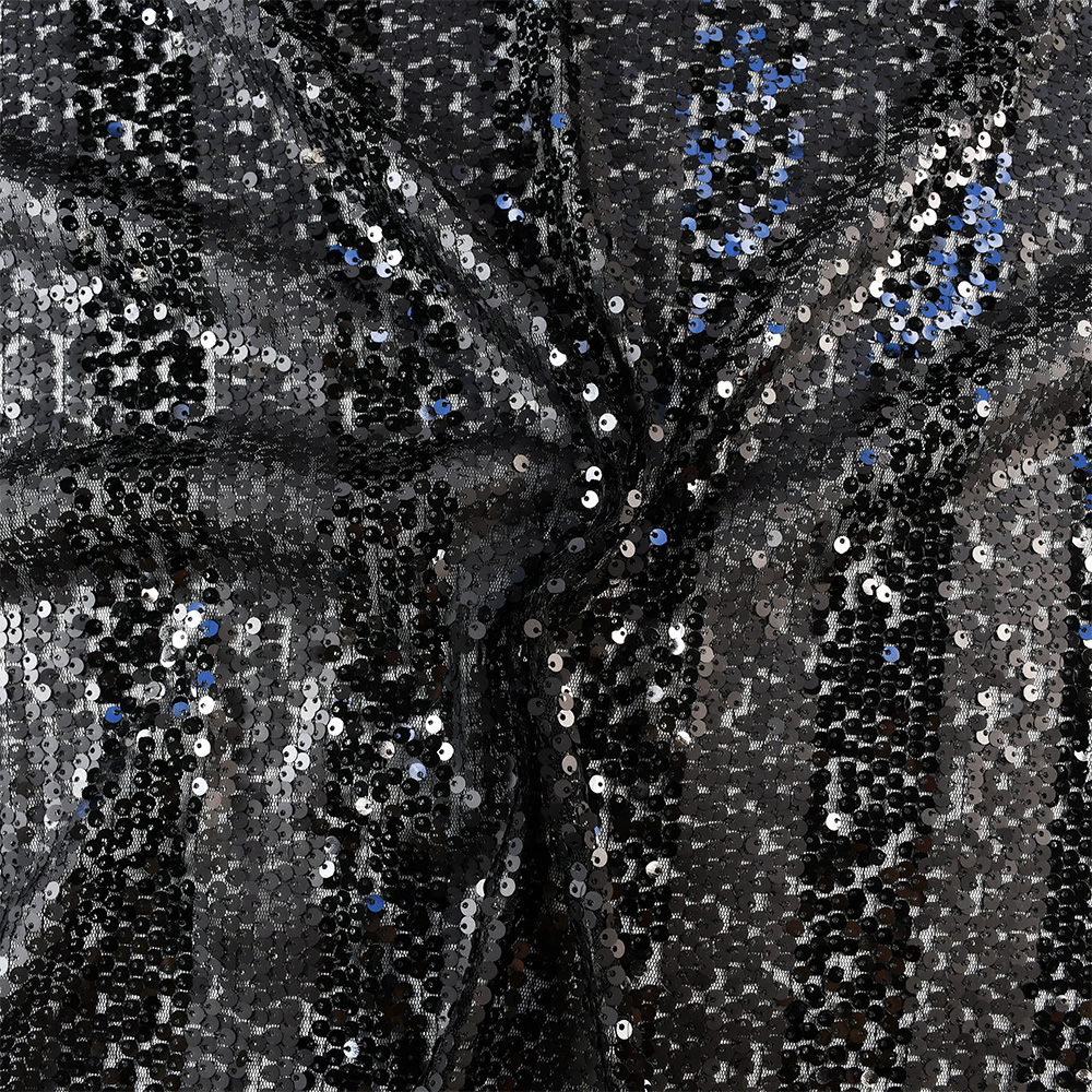 Image of Striped Embroidered Sequin Fabric  Black 150cm