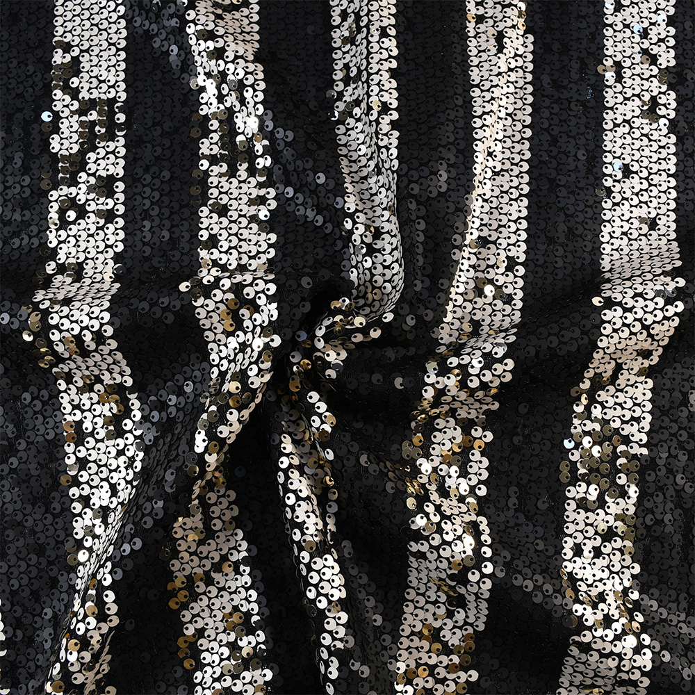 Image of Striped Embroidered Sequin Fabric Black Ivory 150cm