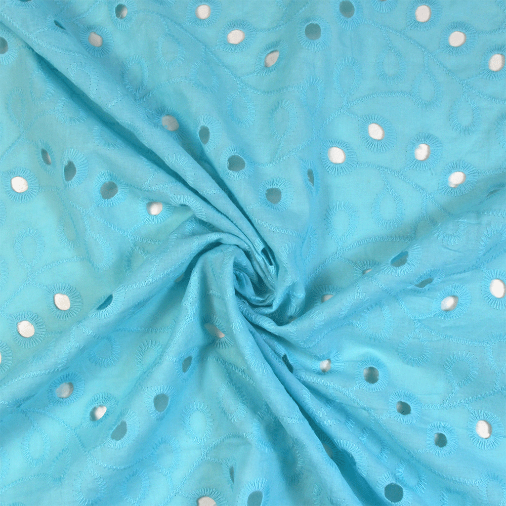 Image of Large Floral Cotton Embroidered Eyelet Fabric Aqua 150cm