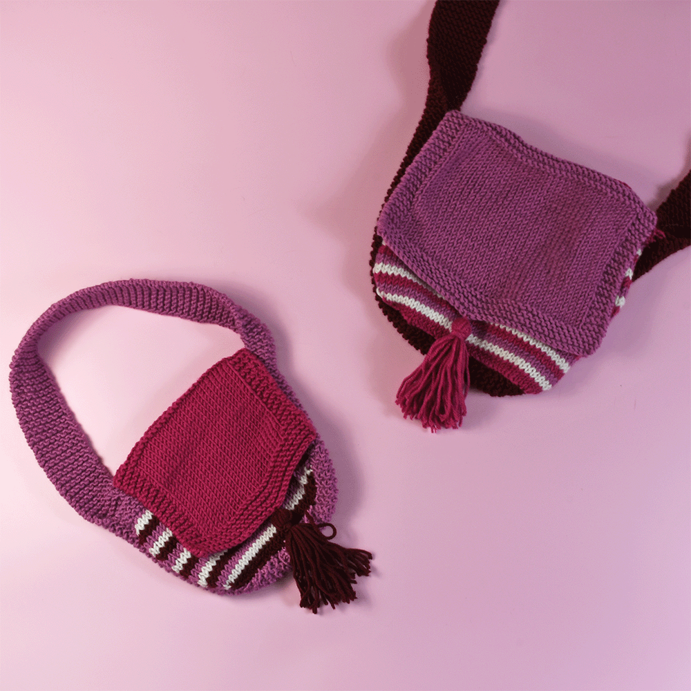 Image of Mini Me Bags Knitting Pattern by Nicola Valiji in WoolBox Imagine Classic DK
