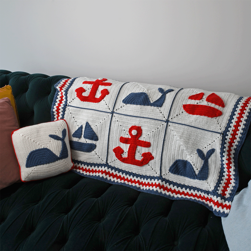 Image of Nautical Blanket & Cushion Set Crochet by Zoe Potrac in WoolBox Imagine Classic