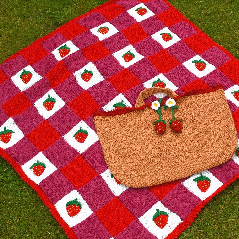 Image of Strawberry Summer Blanket & Picnic Bag Knitting Pattern